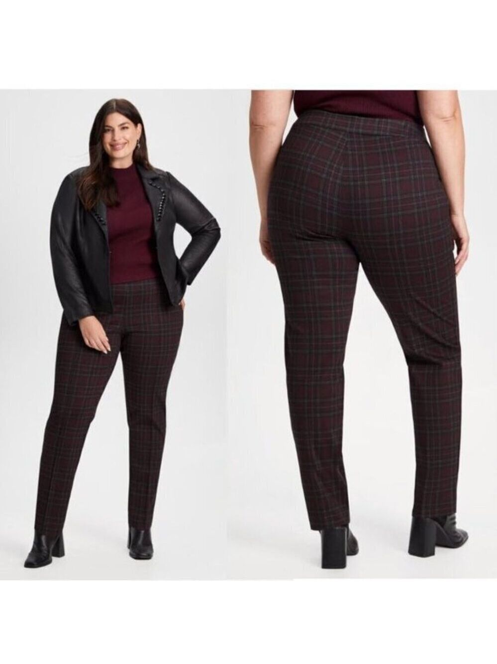 Laura Burgundy Plaid Pants Pull-up Leggings Size 14 Work Everyday Preppy